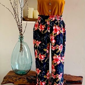 Navy Paperbag Waist Pants w/Floral Design
